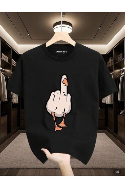 ALCİNOUS Unisex Cotton Oversized Crew Neck Short Sleeve Black Printed Basic T...