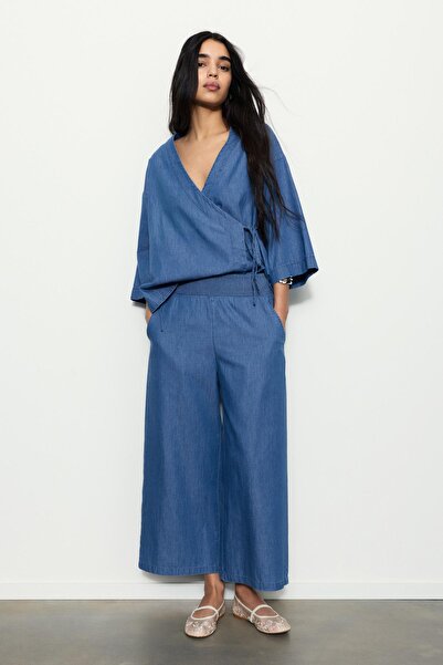 Pull & Bear Dökümlü kot culotte pantolon, lastikli bel