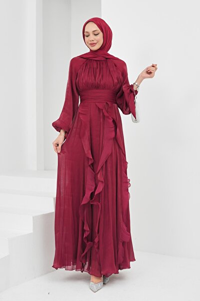 İmajButik Burgundy Front Draped Sleeve Tie-Up Evening Dress