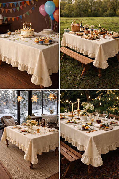 perde plus Ruffled Rectangular Tablecloth – Cotton Linen Natural Fabric, Ever...