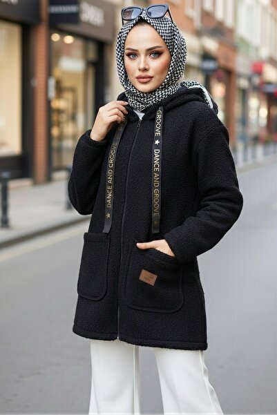İmajButik Black Hooded Zippered Boucle Jacket