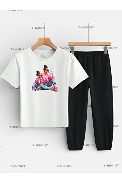 THEKONT طقم أطفال مطبوع للأم والابنة (تي شيرت وبنطلون رياضي بجيوب)