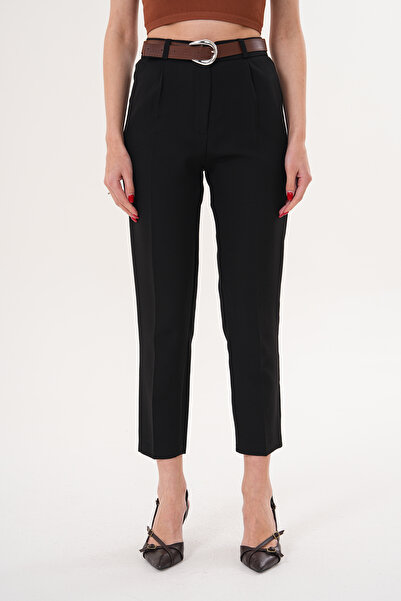 THE WOOW Women's High Waist Pleated Carrot Cut Black Trousers with Belt Acces...