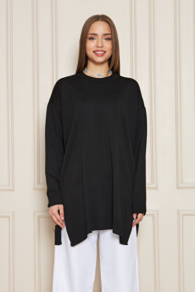 comstar Pulover de damă, negru, supradimensionat, cu decolteu rotund și șliț