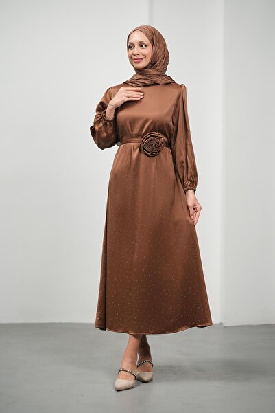 İmajButik Brown Floral Belted Stoned Satin Evening Dress