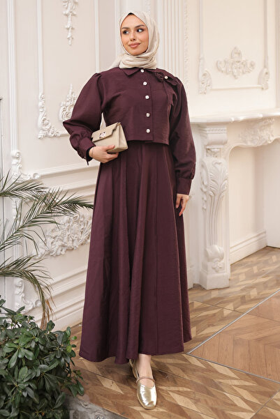 İmajButik Комплект от къса блуза с детайли на яката и пола в цвят сливово