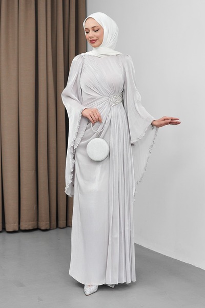 İmajButik Stone Waist Stone Embellished Chiffon Evening Dress