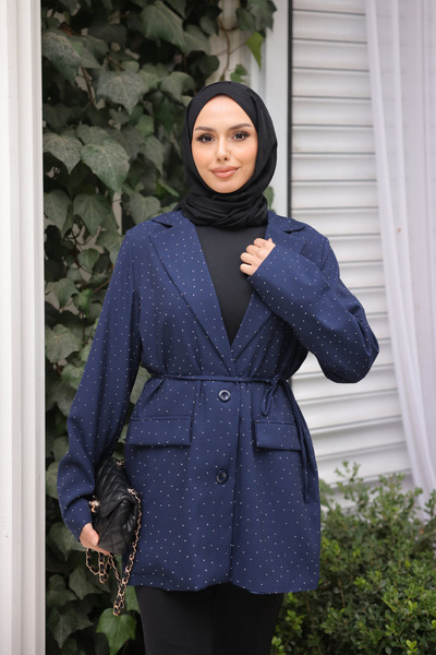 İmajButik Navy Blue Stone Printed Lined Jacket