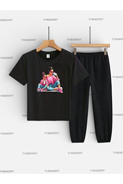THEKONT طقم أطفال مطبوع للأم والابنة (تي شيرت وبنطلون رياضي بجيوب)