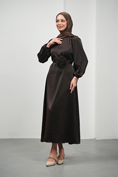 İmajButik Bitter Brown Floral Belted Stoned Satin Evening Dress