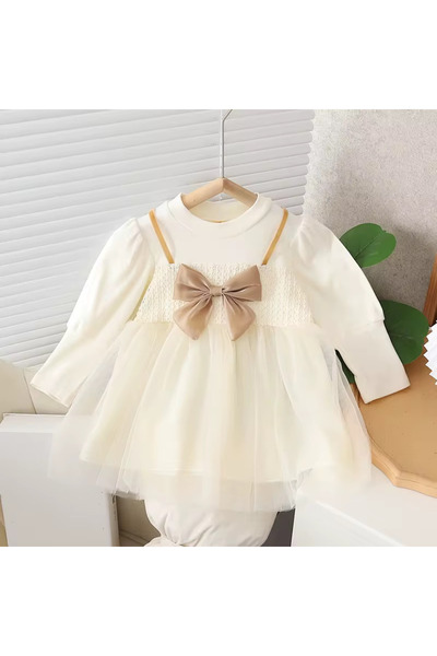 kizu Cream Dress with Tulle and Beige Bow