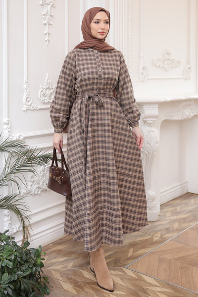 İmajButik Mink Plaid Patterned Belted Dress