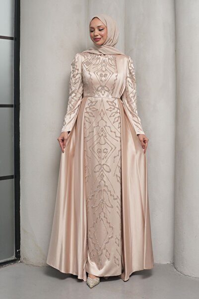 İmajButik Μπεζ σατέν βραδινό φόρεμα με πέτρες στο μπροστινό μέρος