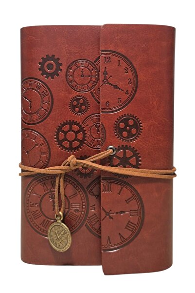SENON Saat ve Çark Baskılı Deri Kapaklı Retro Vintage Not Defteri Zamanın Kıy...