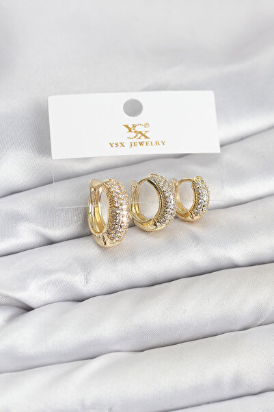 STİLLOVE Brass Gold Color Zircon Stone Hoop Model Ysx Trio Earring Set