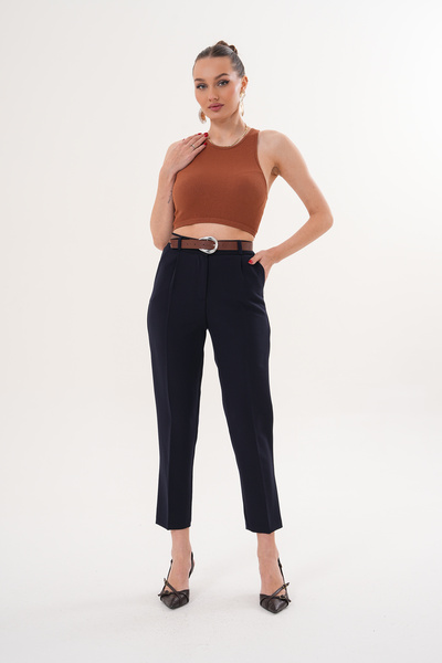 THE WOOW Women's High Waist Pleated Carrot Cut Navy Blue Trousers with Belt A...