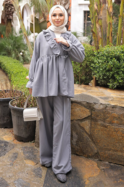 İmajButik Gray Collared Ruffled Tunic Pants Set