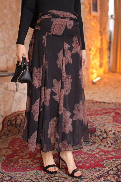 İmajButik Black Patterned Chiffon Skirt with Drawstring Detail at the Waist a...