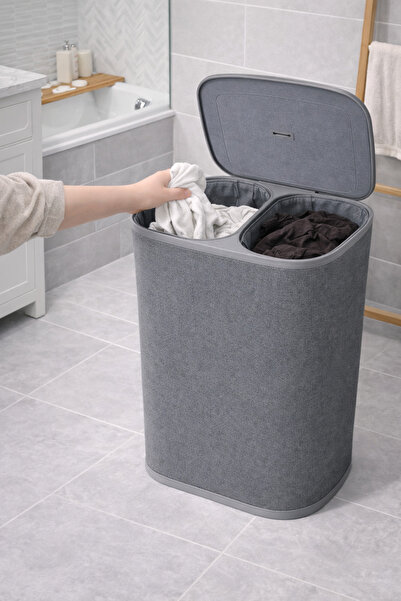 ARVALE Katlanabilir Çift Bölmeli Kirli Çamaşır Sepeti 90L Gri Kapaklı Çamaşır...