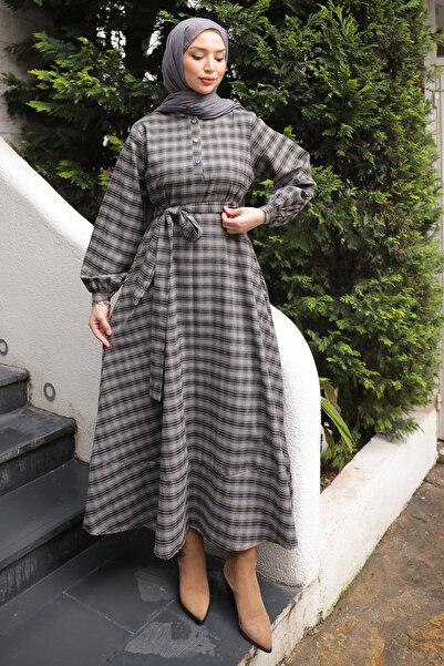İmajButik Smoked Plaid Patterned Belted Dress