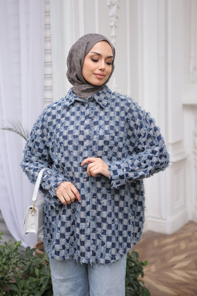 İmajButik Navy Blue Color Blocked Oversized Shirt with Tassels