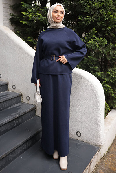 İmajButik Navy Blue Waist Belt Detailed Sweater Skirt Knitwear Set