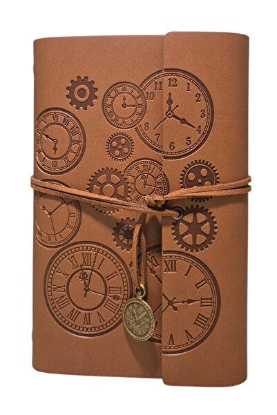 SENON Saat ve Çark Baskılı Deri Kapaklı Retro Vintage Not Defteri Zamanın Kıy...