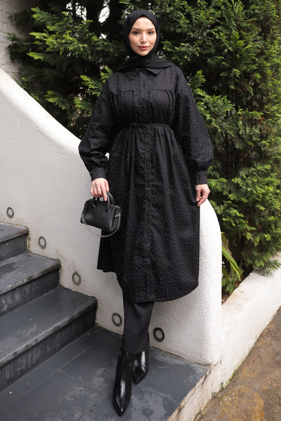 İmajButik Black Oversize Stoned Buttoned Gabardine Tunic