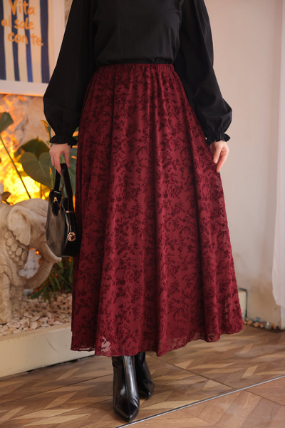 İmajButik Burgundy Elastic Waist Lined Flocked Printed Tulle Skirt