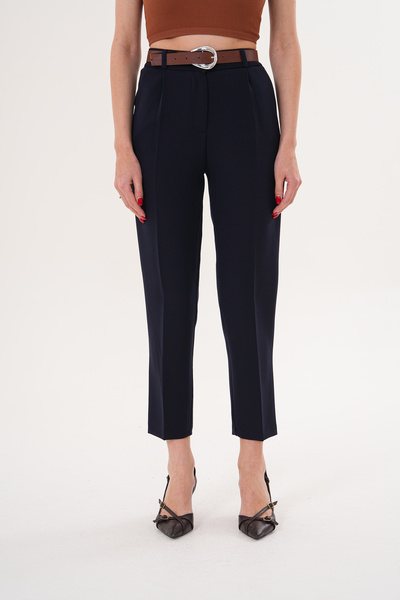 THE WOOW Women's High Waist Pleated Carrot Cut Navy Blue Trousers with Belt A...