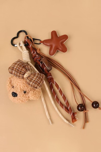 İLKYAZ Beige Teddy Bear Bow Detail Bag Charm and Bag Accessory Keychain (Bag ...