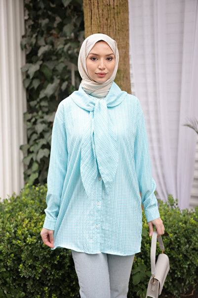İmajButik Ice Blue Collar Detailed Gingham Tunic Shirt