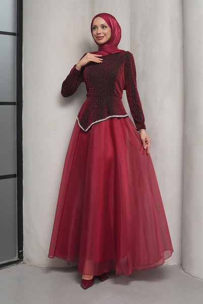 İmajButik Burgundy Stone Detailed Design Evening Dress