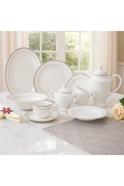 Horselane Horselaneane 47Pcs Dinner Set Silver Line – Porcelain Tableware for...