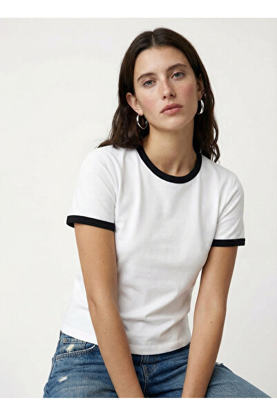 Fabrika Bisiklet Yaka Düz Beyaz - Siyah Kadın T-Shirt F6SL-TST0011