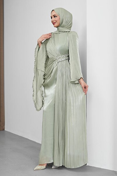 İmajButik فستان سهرة من الشيفون باللون الأخضر المائي مع أحجار على الخصر