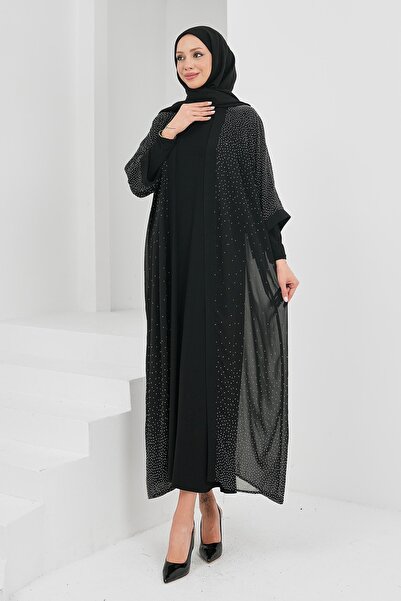 İmajButik Siyah Taş Detaylı İkili Abaya Takım