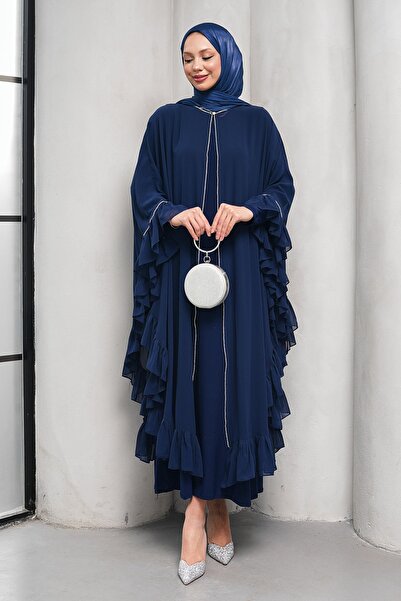 İmajButik Lacivert Taş Detaylı Fırfırlı İkili Abaya Takım