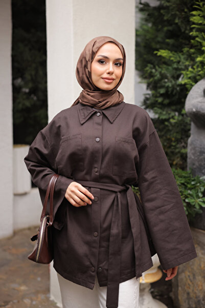 İmajButik Brown Oversized Gabardine Shirt with Snap Pockets