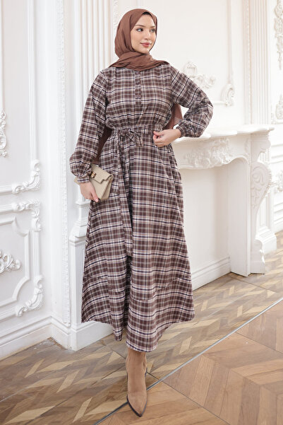 İmajButik Κρεμ/Καφέ Καρό Φόρεμα με Ζώνη