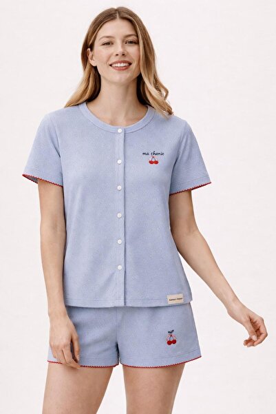 Katia&Bony Women's Mediterranean Cherry Embroidered Shorts Pajama Set Blue