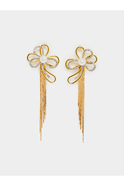 Styli Gold Floral Dangle Earrings with Pearl Detail