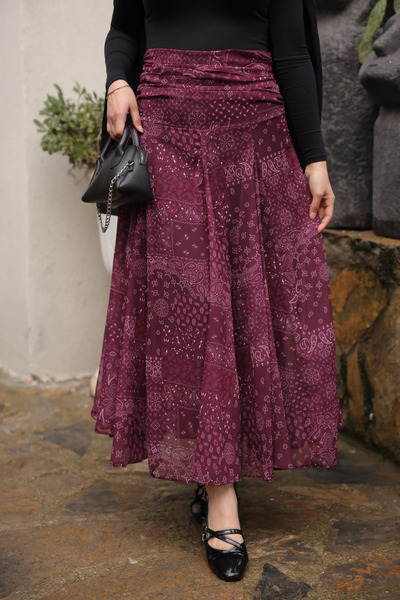 İmajButik Plum Patterned Chiffon Skirt with Drawstring Detail at the Waist an...