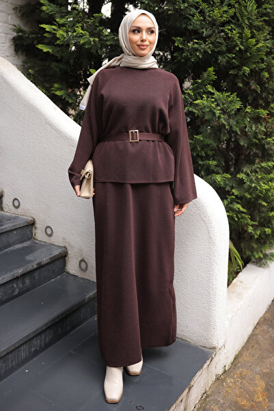 İmajButik Brown Waist Belt Detailed Sweater Skirt Knitwear Set