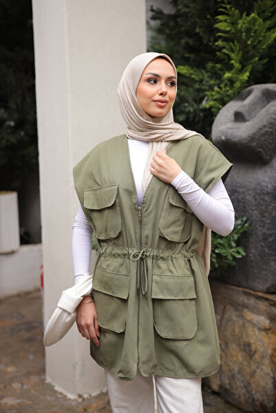 İmajButik Khaki Belted Pocketed Lined Gabardine Vest