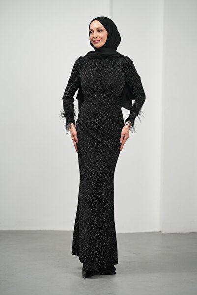 İmajButik Siyah Kolları Tüğlü Taşlı Abiye