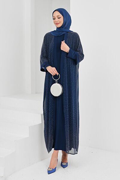 İmajButik Lacivert Taş Detaylı İkili Abaya Takım