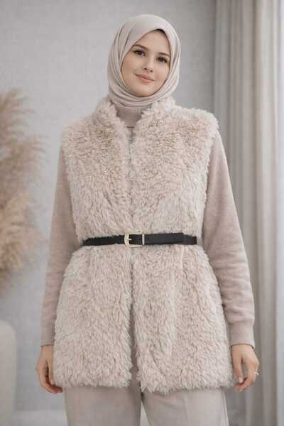 MODA SELMA Celection Kabarık Tüylü Ekru Yelek