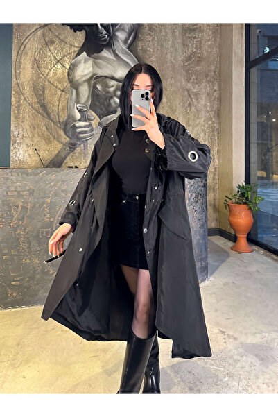 missswans Rolay Kolları Halka Detaylı Kapüşonlu Önü Cepli Belden Ayarlanabili...