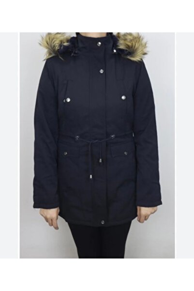 MG trend shop Kadın Gabardin Kapşonlu İçi Kürklü Uzun Mont